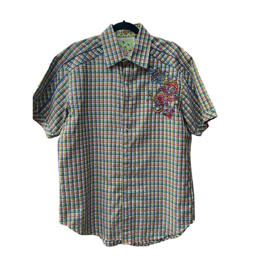 Robert Graham Short Sleeve‎ Plaid Geometric Neon Embroidered Shirt , Size Large